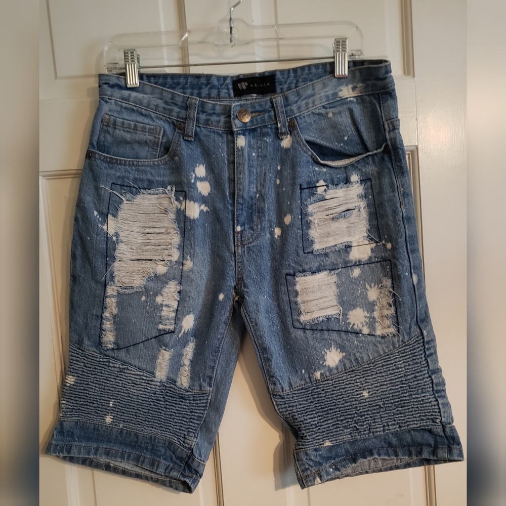 WAIMEA SPLATTER LT. BLUE/WASH Distressed Shorts 30